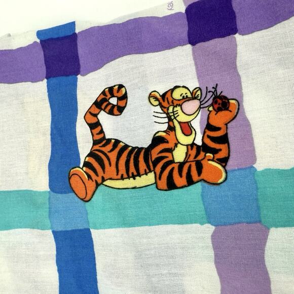 Vintage Disney Winnie the Pooh Plaid Purple Blue Twin Fitted Sheet Preowned - Picture 3 of 9